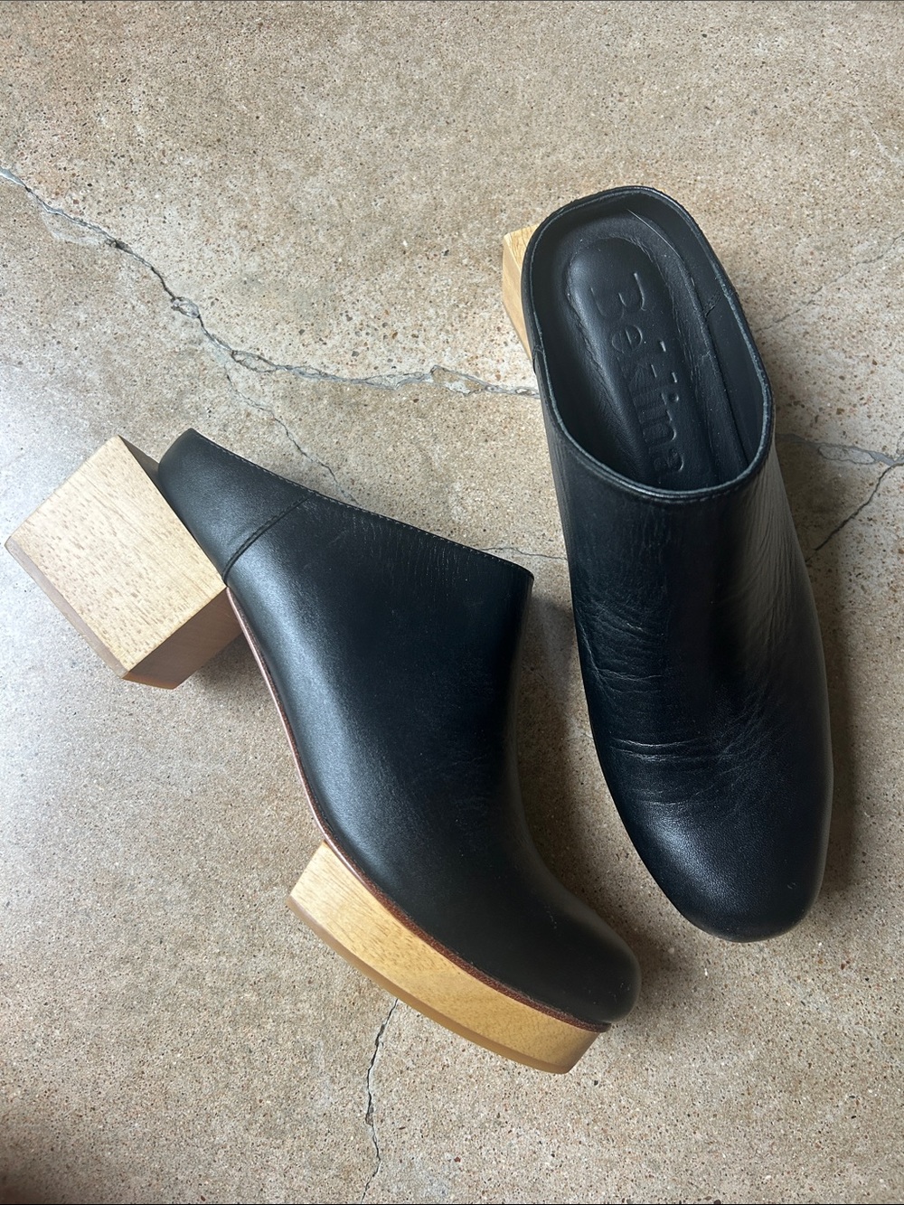 Beklina Black Leather clogs with Wood Block Heel - Picture 2 of 6